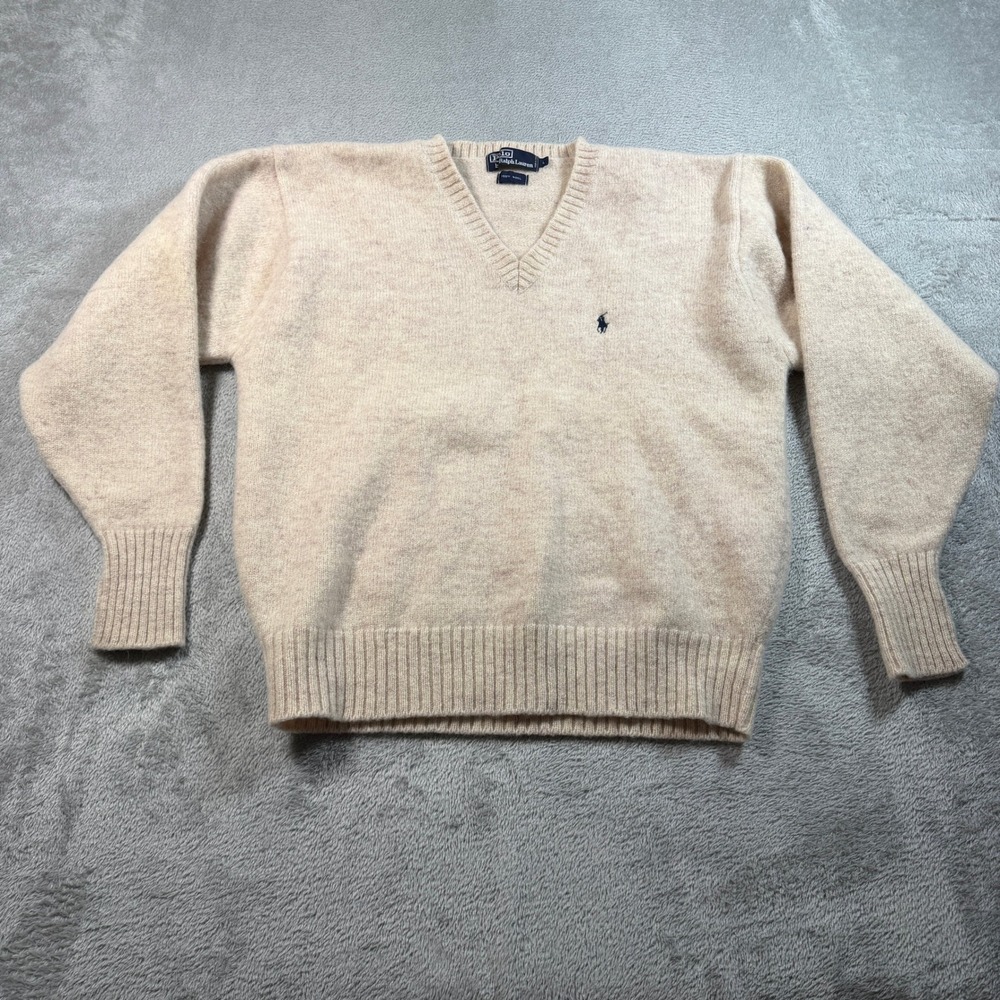 Vintage Polo Ralph Lauren Wool Sweater Mens Large Beige Wool V-Neck Quietluxury